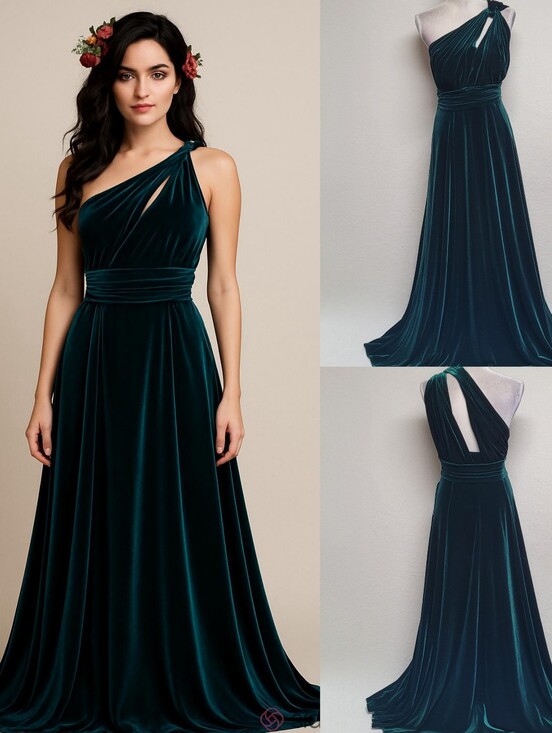 Azazie Dresses & Skirts - Azazie Rare Charlize Emerald Green Velvet A-line Keyhole One-Shoulder Maxi Dress